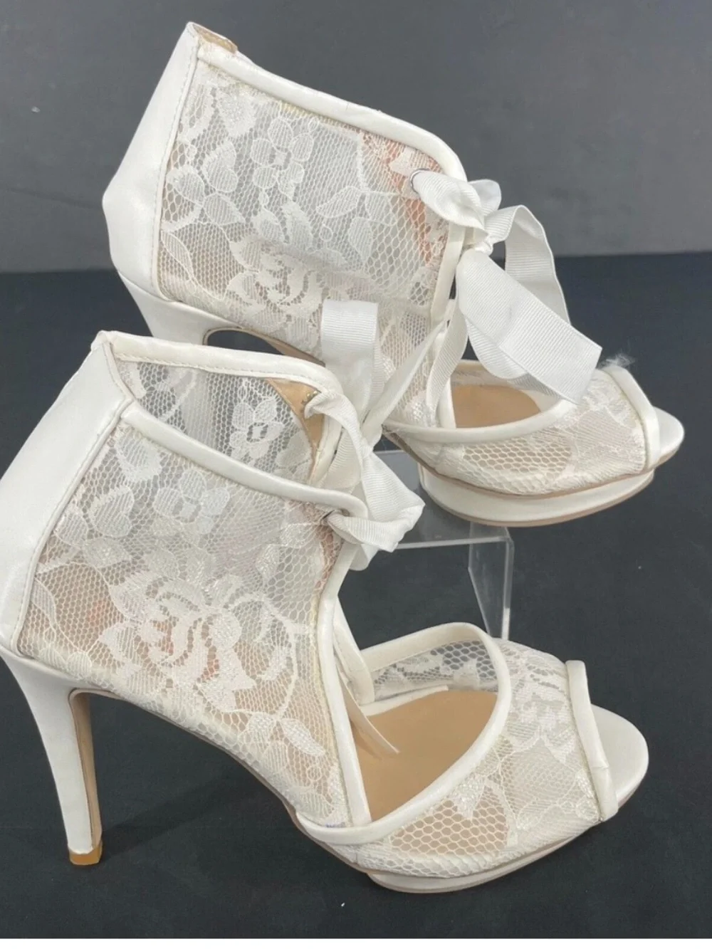 FSJ Ivory Lace Peep-Toe Ribbon Heels